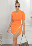 Women Sexy Turndown Collar Short Sleeve Top and Split Skirt Two-piece Set