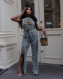 Women Denim trend Style worn Top and slit Pants two-piece set