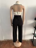 Women's Patchwork Halter Sleeveless Wide-Leg Jumpsuit