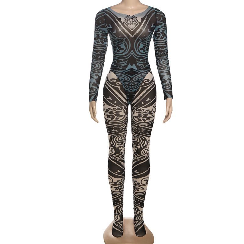 Women Summer Sexy Mesh Long Sleeve Bodysuit and Pants Two-piece Set