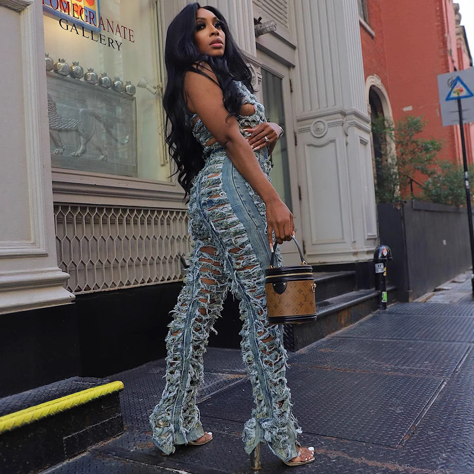 Women Denim trend Style worn Top and slit Pants two-piece set