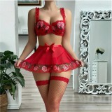 Women Red Temptation Rose Embroidery Suspender Sexy Lingerie