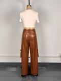 Women Multi-pocket Style PU-Leather Retro Pants
