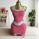 Women Knitting Striped Vest Wave Edge Hem Square Neck Irregular Sleeveless Top and Skirt Two-piece Set