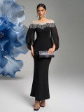 Women Round Neck Irregular Long Sleeve Light Luxury Beaded Bodycon Long Dress Dinner Dress
