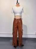 Women Multi-pocket Style PU-Leather Retro Pants