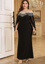 Women Round Neck Irregular Long Sleeve Light Luxury Beaded Bodycon Dinner Dress