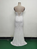 Fishbone Slim Waist Heart Neck Sequin Evening Dress Luxury Formal Party Gown