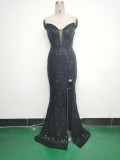 Fishbone Slim Waist Heart Neck Sequin Evening Dress Luxury Formal Party Gown