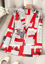 Women Red Geometric Turndown Collar Casual Letter Blazer