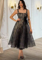 Women French Retro Summer Suspender Maxi Fishbone Lace Dress