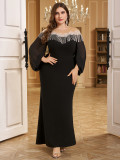 Women Round Neck Irregular Long Sleeve Light Luxury Beaded Bodycon Dinner Dress