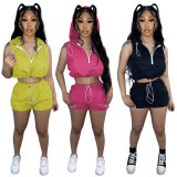 Women'S Fashion Casual Half Zip Hooded Sleeveless Two-Piece Shorts Set Women'S Clothing