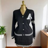 Women Puppy Embroidery Knitting Contrast Color Jacket Top