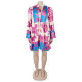 Women Elegant Floral Print V-Neck Patchwork Contrast Color Mini Dress