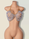 Hollow-Out Beaded Chain Halter Neck Low Back Body Jewelry Top