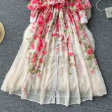 Printed Stand Collar Long-Sleeve Slim Waist Belt Chiffon Maxi Dress
