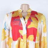 Women Elegant Floral Print V-Neck Patchwork Contrast Color Mini Dress