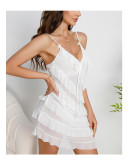 Multi-Layer Lace Trim Mesh Strap V-Neck Pearl Pendant Sleepwear Nightdress