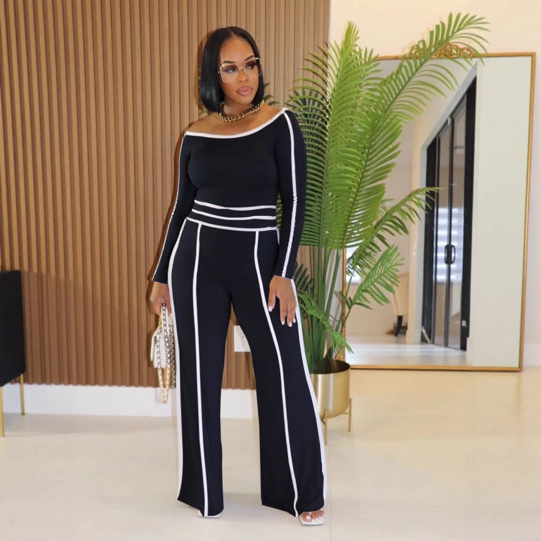 Casual Stretch Patchwork High-Waist Wide-Leg Pants & Long Sleeve Top Two-Piece Set