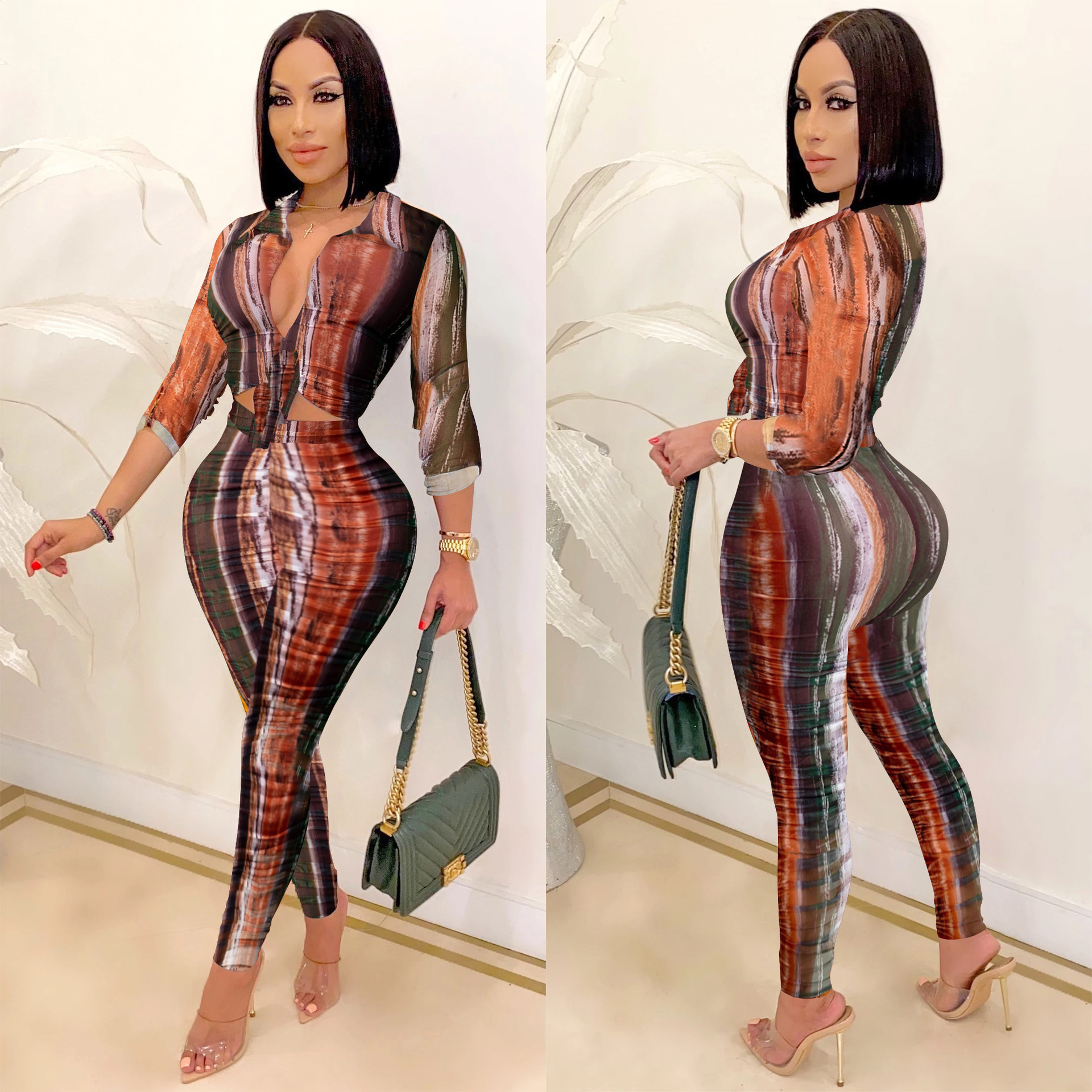Trendy Print V-Neck Long-Sleeve Two-Piece Pants Set