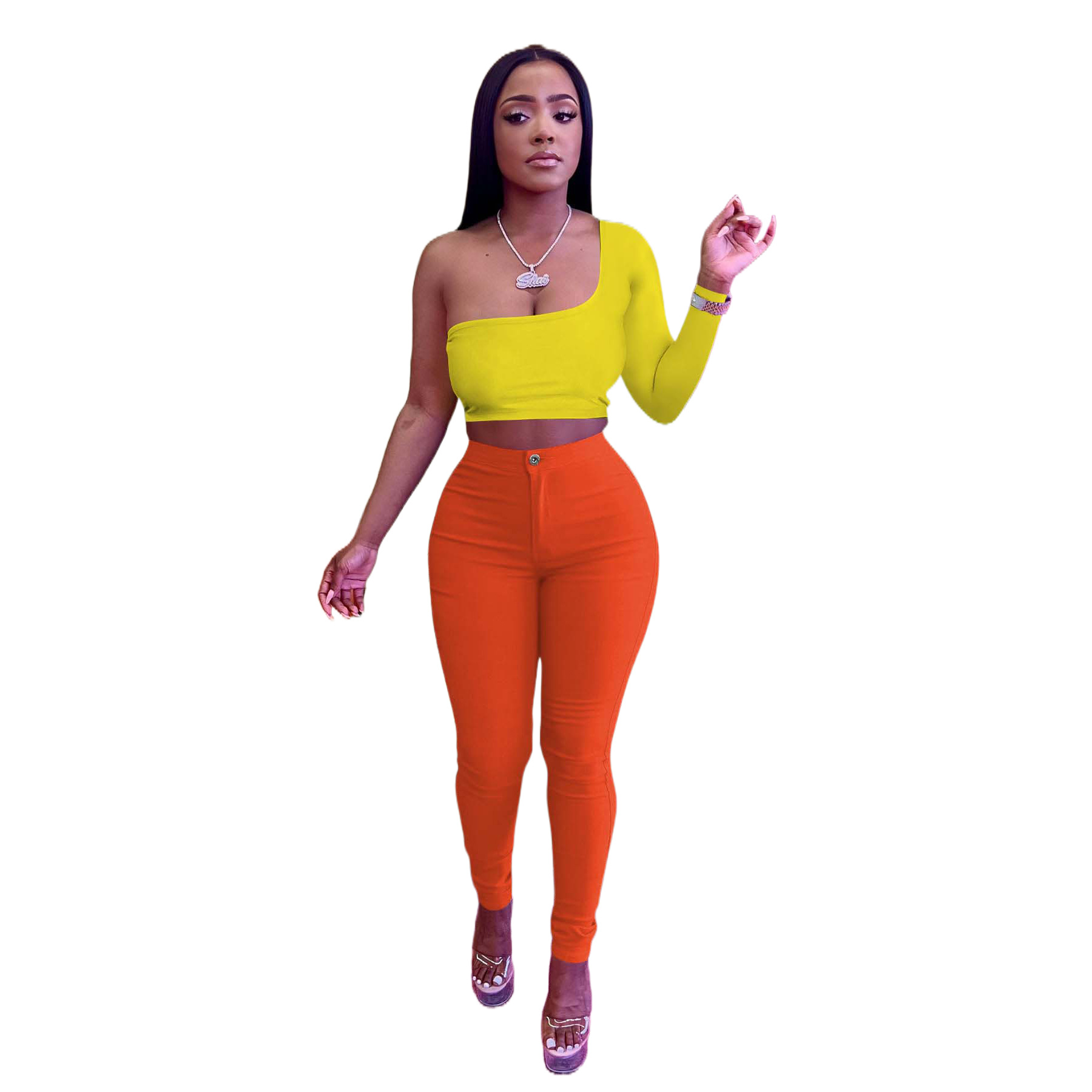 Trendy Color-Blocking Asymmetric Top Pants Two-Piece Set