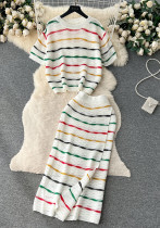 Striped Color-Blocking Loose Round Neck Knitted Crop Top & High-Waist Bodycon Skirt Set