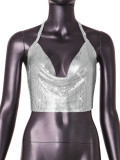 Metallic Sequin Halter Neck Low Back Clubwear Vest