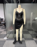 Elegant See-Through Beaded V-Neck Strap Slim Waist Stretch Club Dress