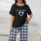 Heart Print Plaid Casual Loungewear Plus Size Pajama Set