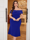 Sexy Pearl Short-Sleeve Off-Shoulder Slit Plus Size Royal Blue Party Dress
