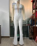 Sexy See-Through Lace Halter Lace-Up Slim-Fit Flare leg Jumpsuit