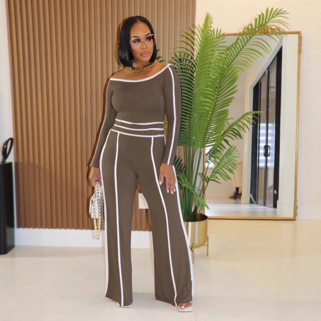 Casual Stretch Patchwork High-Waist Wide-Leg Pants & Long Sleeve Top Two-Piece Set