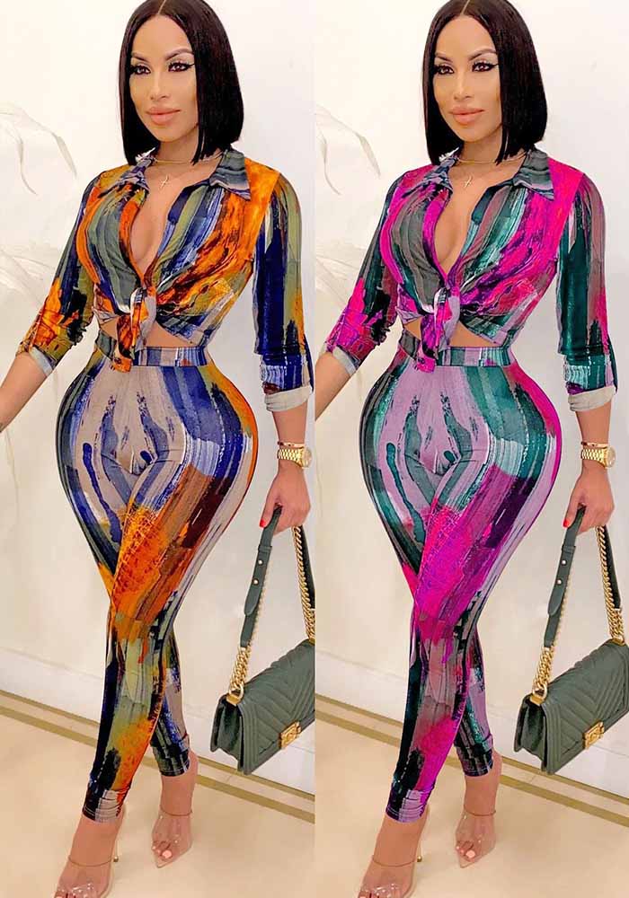 Printed V-Neck Long-Sleeve Pants Set