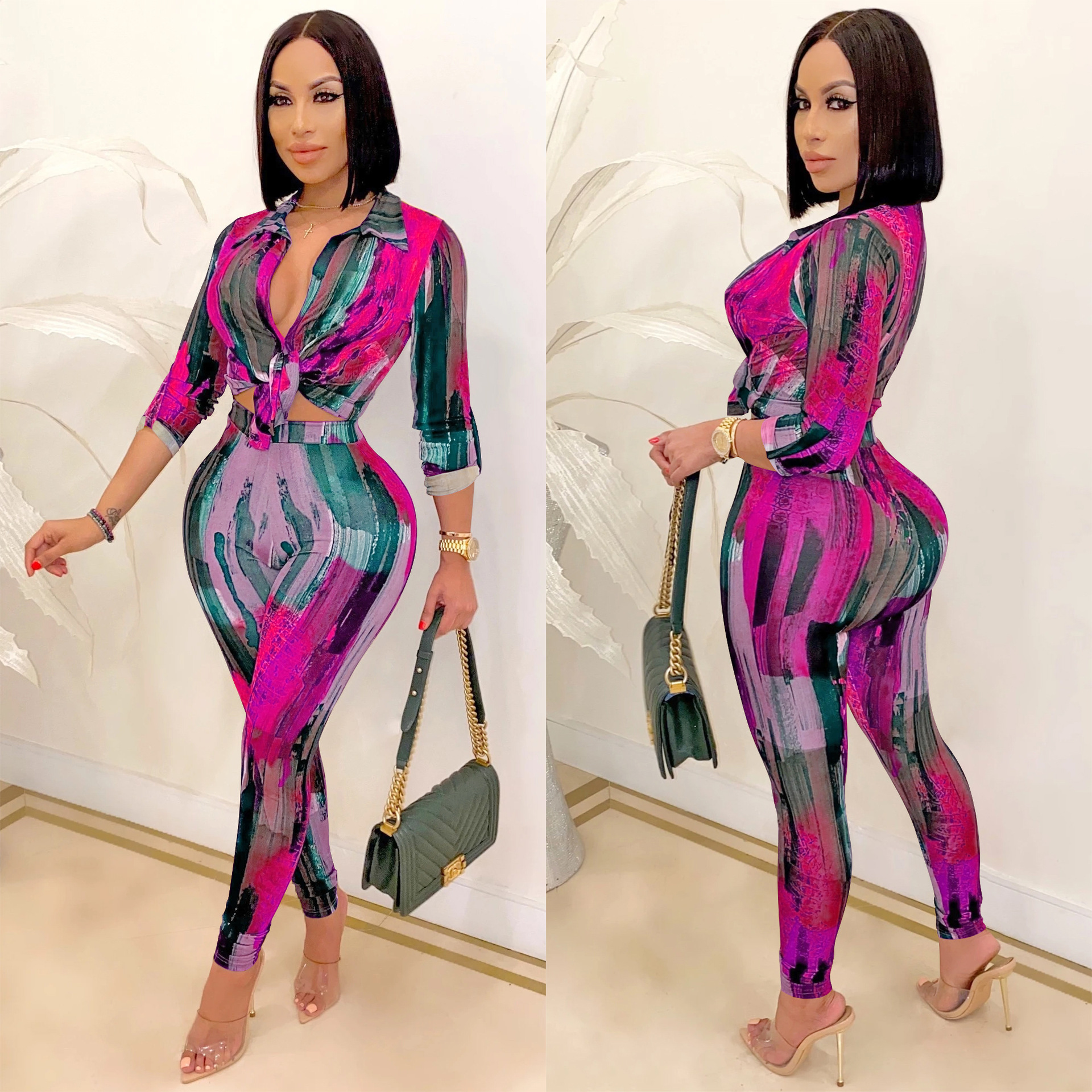 Trendy Print V-Neck Long-Sleeve Two-Piece Pants Set