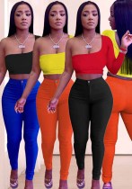Trendy Color-Blocking Asymmetric Top Pants Two-Piece Set Trendy Color-Blocking Asymmetric Top Pants Two-Piece Set