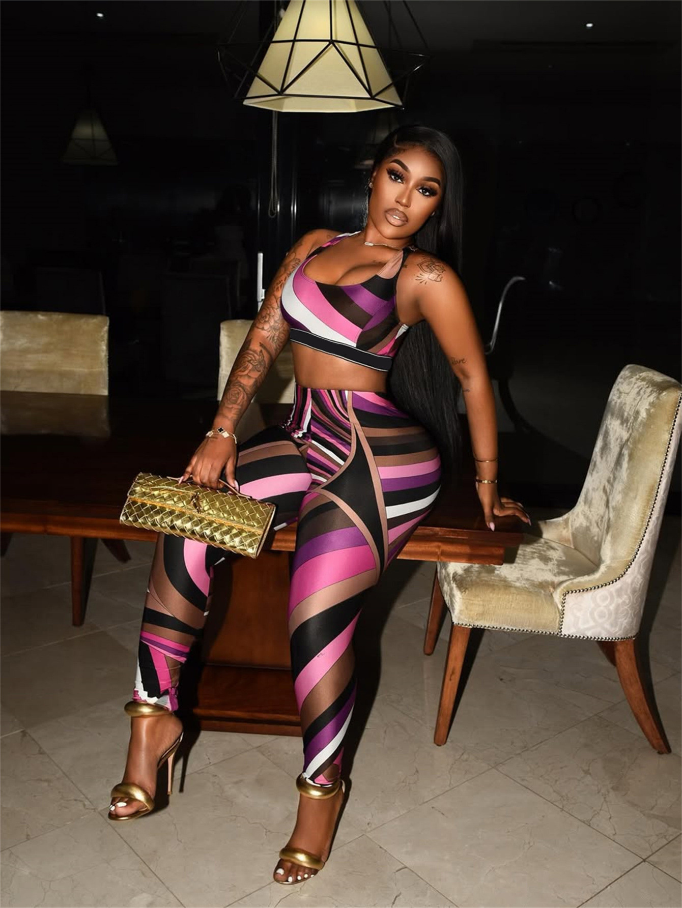 Women's Fashion Sexy Color-Blocking Print Top & Pants Set