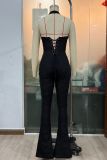 Sexy See-Through Lace Halter Lace-Up Slim-Fit Flare leg Jumpsuit