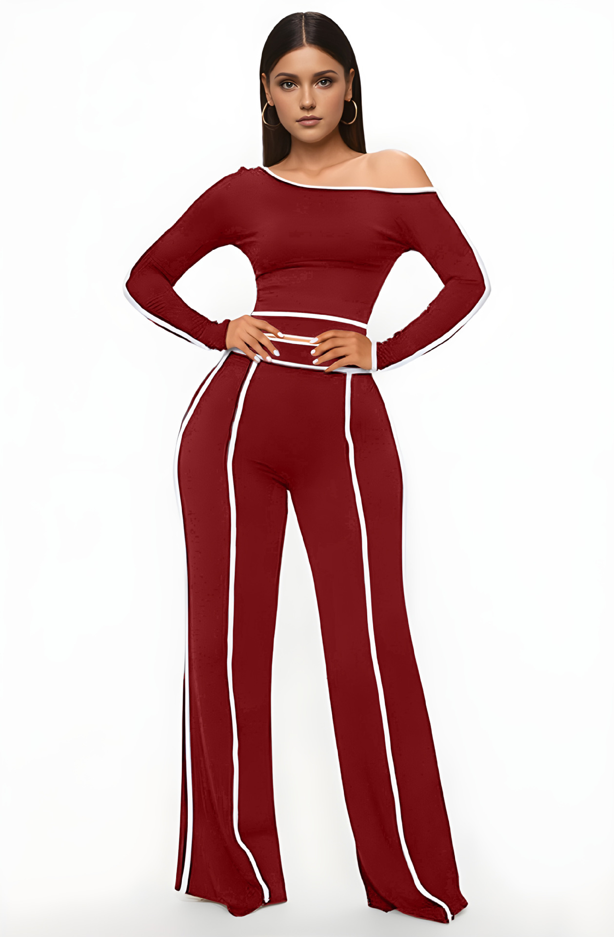 Casual Stretch Patchwork High-Waist Wide-Leg Pants & Long Sleeve Top Two-Piece Set