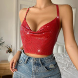 Metallic Sequin Halter Neck Low Back Clubwear Vest
