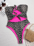 Bikini Leopard Print Color-Blocking Hollow-Out One-Piece Swimsuit