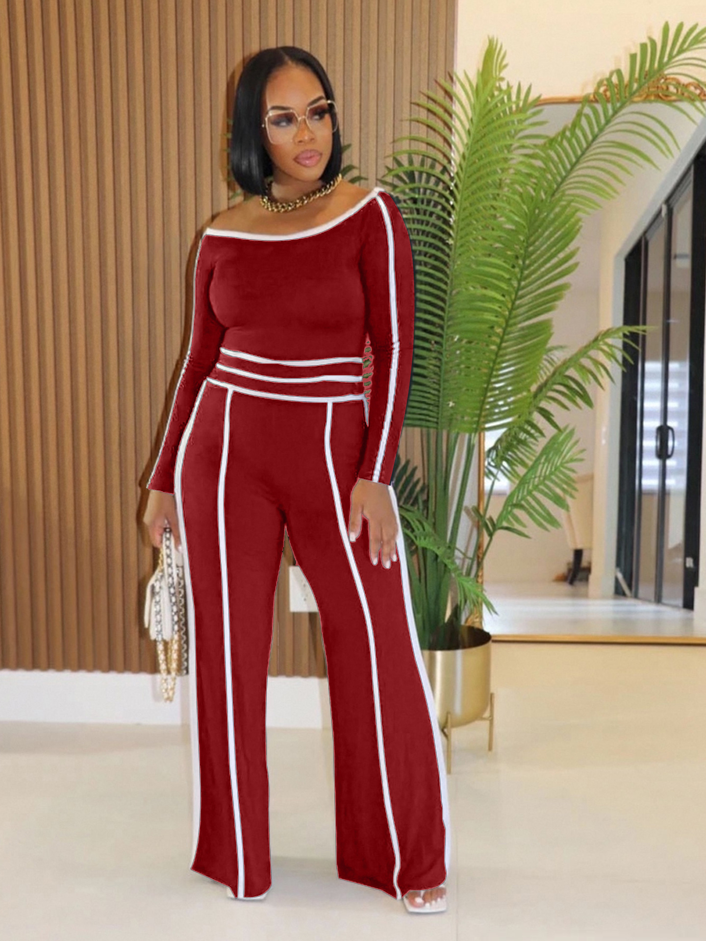 Casual Stretch Patchwork High-Waist Wide-Leg Pants & Long Sleeve Top Two-Piece Set