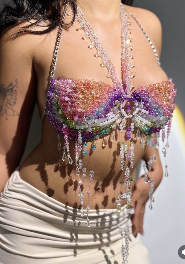 Multi-Color Beaded Halter Neck Layered Strapless Bralette