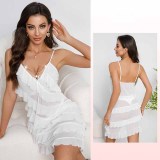 Multi-Layer Lace Trim Mesh Strap V-Neck Pearl Pendant Sleepwear Nightdress