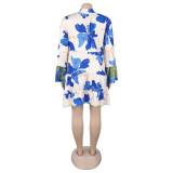 Women Elegant Floral Print V-Neck Patchwork Contrast Color Mini Dress