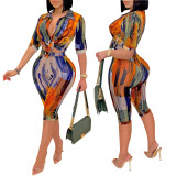 Casual Printed V-Neck Short-Sleeve Shirt Mid-Length Shorts Two-Piece Set