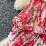 Printed Stand Collar Long-Sleeve Slim Waist Belt Chiffon Maxi Dress