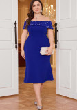 Sexy Pearl Short-Sleeve Off-Shoulder Slit Plus Size Royal Blue Party Dress