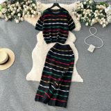 Striped Color-Blocking Loose Round Neck Knitted Crop Top & High-Waist Bodycon Skirt Set