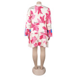 Women Elegant Floral Print V-Neck Patchwork Contrast Color Mini Dress